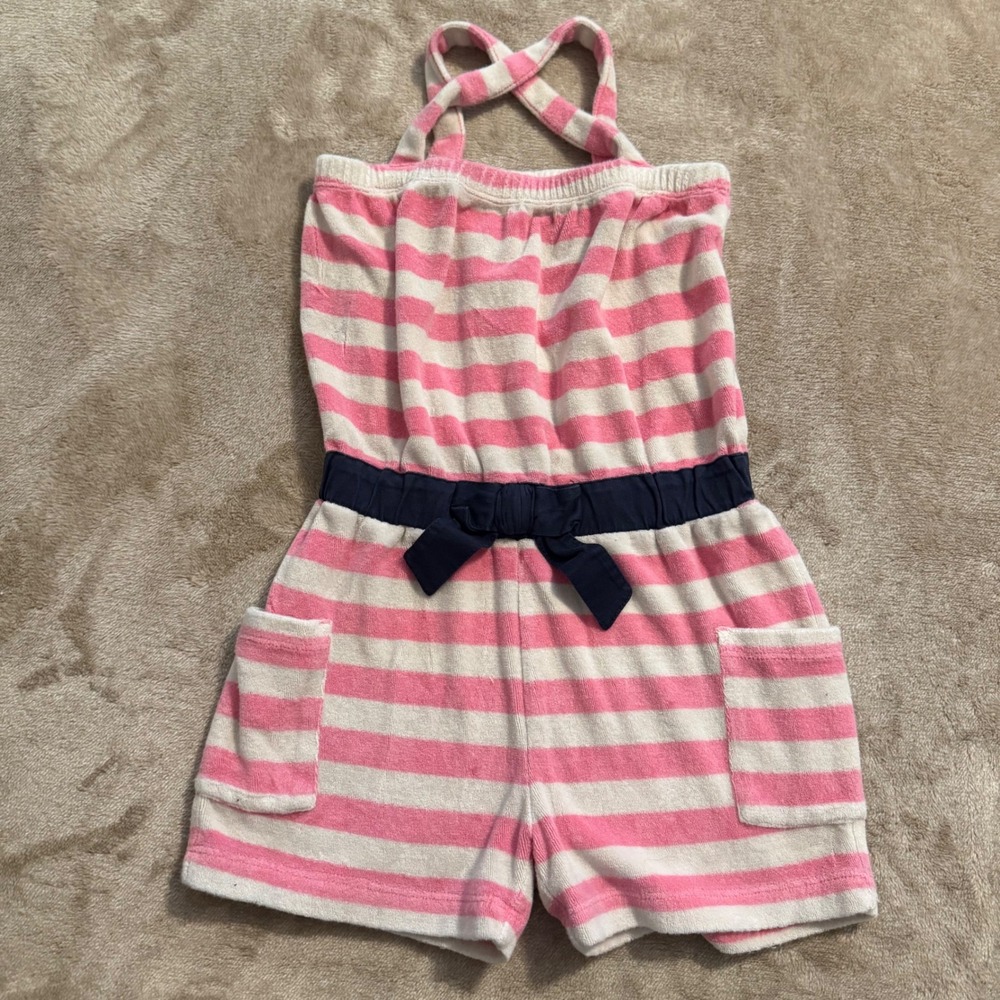 Hanna Andersson Girls Pink White Striped Terry Cloth Romper Size 110 5-6 Years